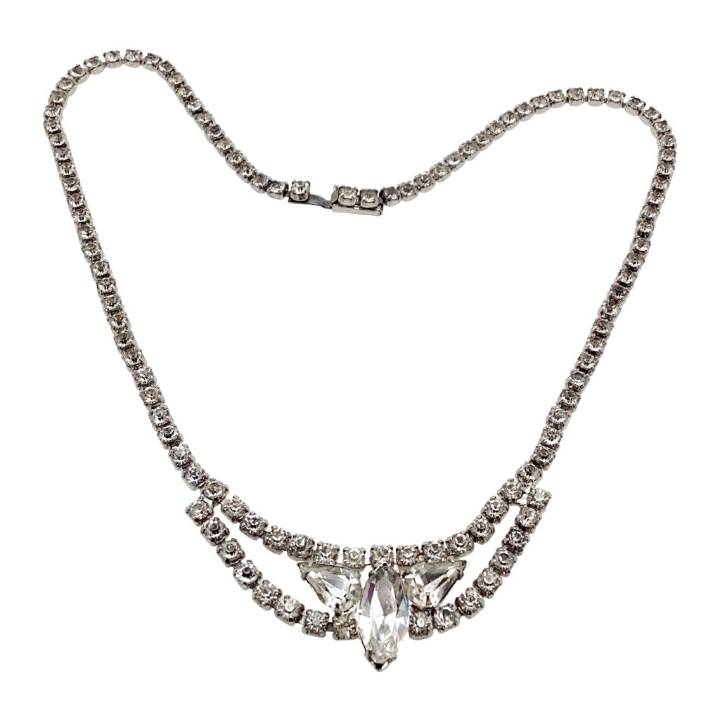 Vintage Tennis Cup Link Necklace Art Deco Style Silver Plated Rhinestones 40$